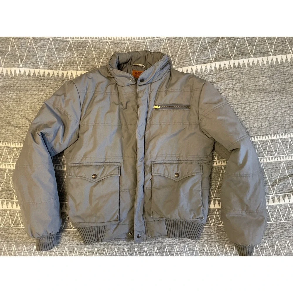 Vintage Levi's Puffer Bomber Jacket Gray Quilted Zip Utility Pockets Size M